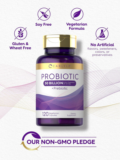 Carlyle Probiotics with Prebiotics | 120 Capsules | 50 Billion Active Organisms | Non-GMO & Gluten Free Supplement - Maple Wellness Supplements