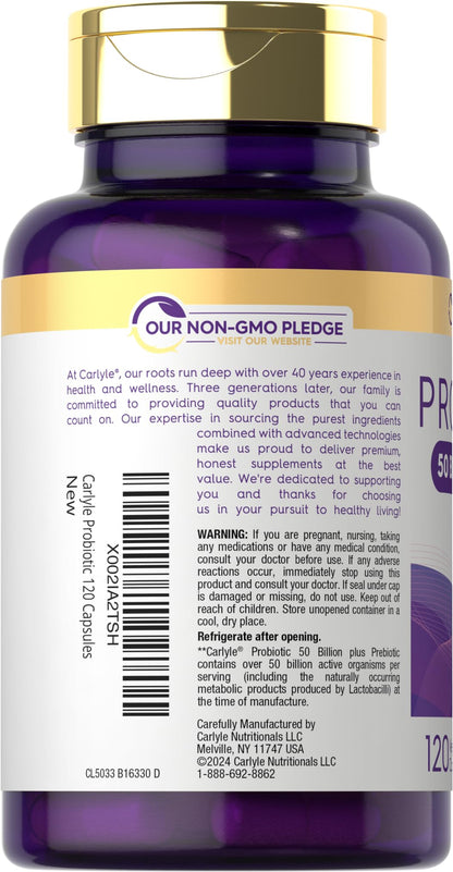 Carlyle Probiotics with Prebiotics | 120 Capsules | 50 Billion Active Organisms | Non-GMO & Gluten Free Supplement - Maple Wellness Supplements