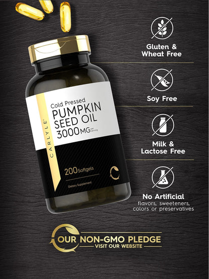 Carlyle Pumpkin Seed Oil Capsules | 3000mg | 200 Softgels | Essential Fatty Acids | Cold Pressed Dietary Supplement | Non-GMO and Gluten Free Formula - Maple Wellness Supplements