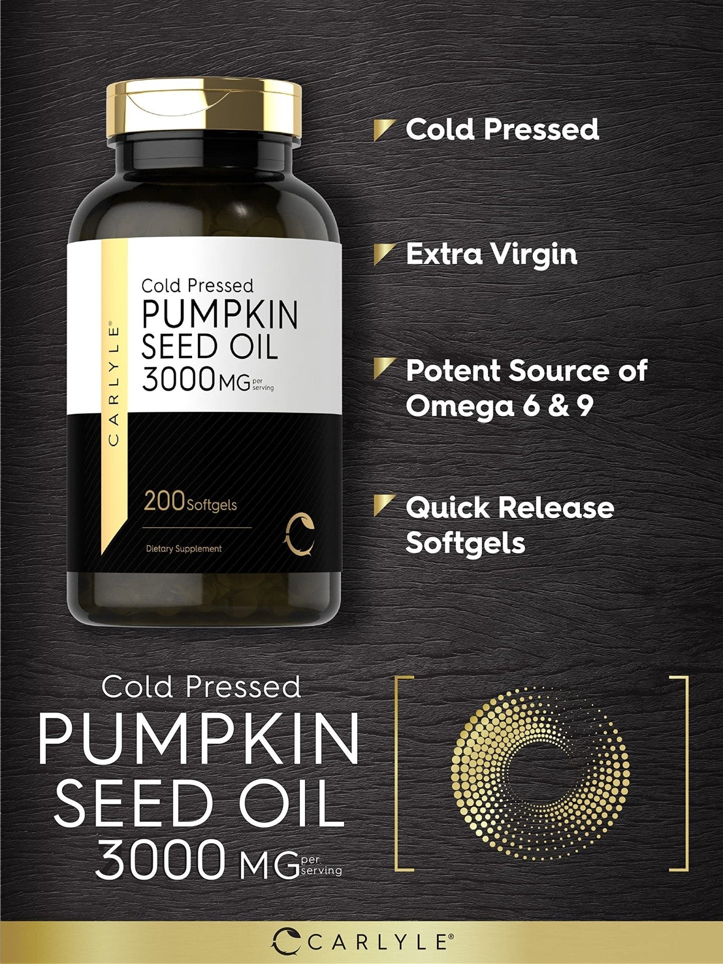 Carlyle Pumpkin Seed Oil Capsules | 3000mg | 200 Softgels | Essential Fatty Acids | Cold Pressed Dietary Supplement | Non-GMO and Gluten Free Formula - Maple Wellness Supplements