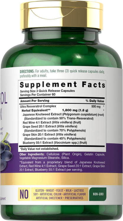 Carlyle Resveratrol Complex - 180 Capsules - Trans Resveratrol Supplement with Grape Seed Extract - Non GMO, Gluten Free - Maple Wellness Supplements