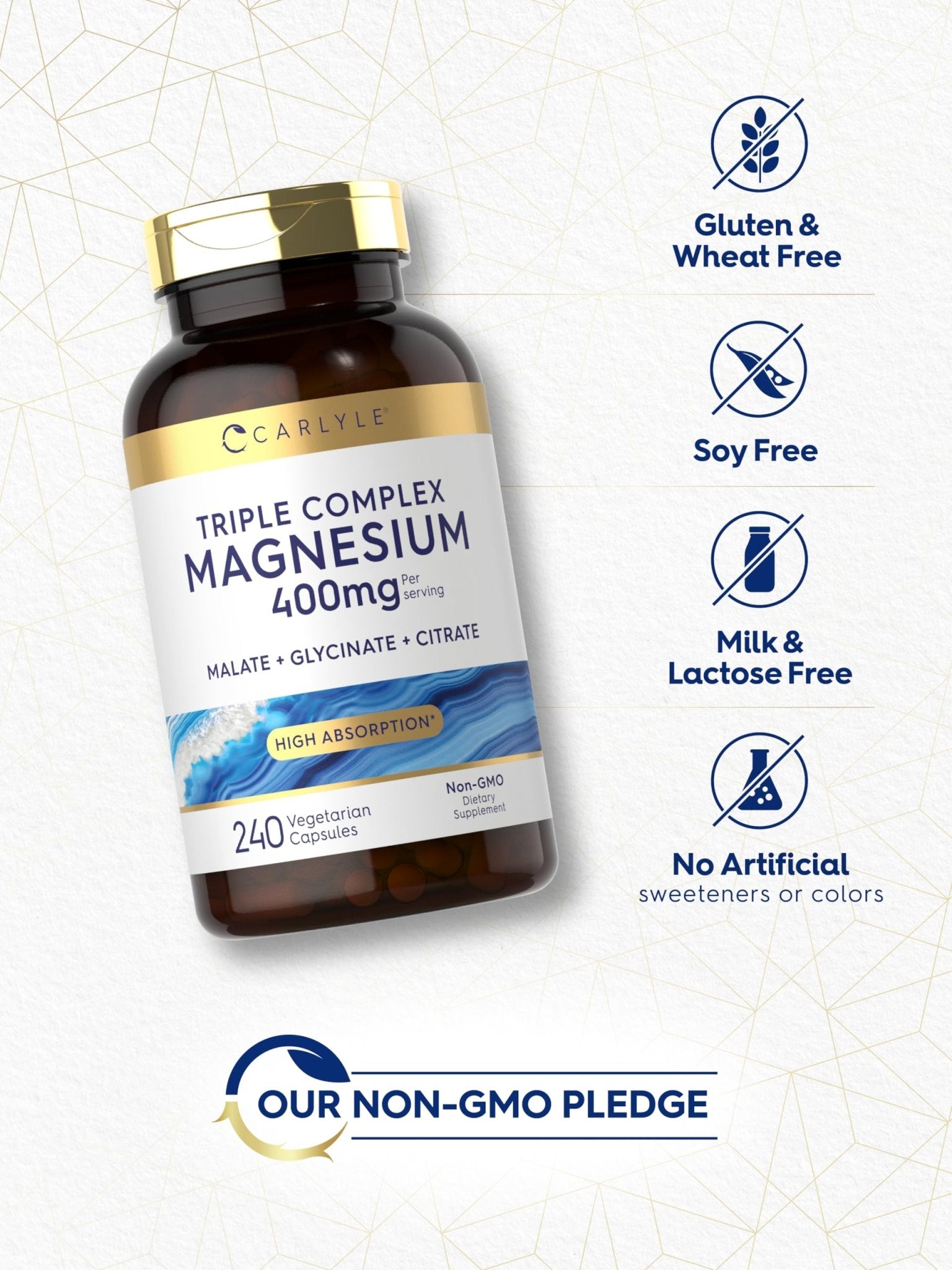 Carlyle Triple Magnesium Complex | 400 mg | 240 Capsules | Magnesium Malate, Glycinate & Citrate | Vegetarian, Non-GMO, and Gluten Free Supplement - Maple Wellness Supplements