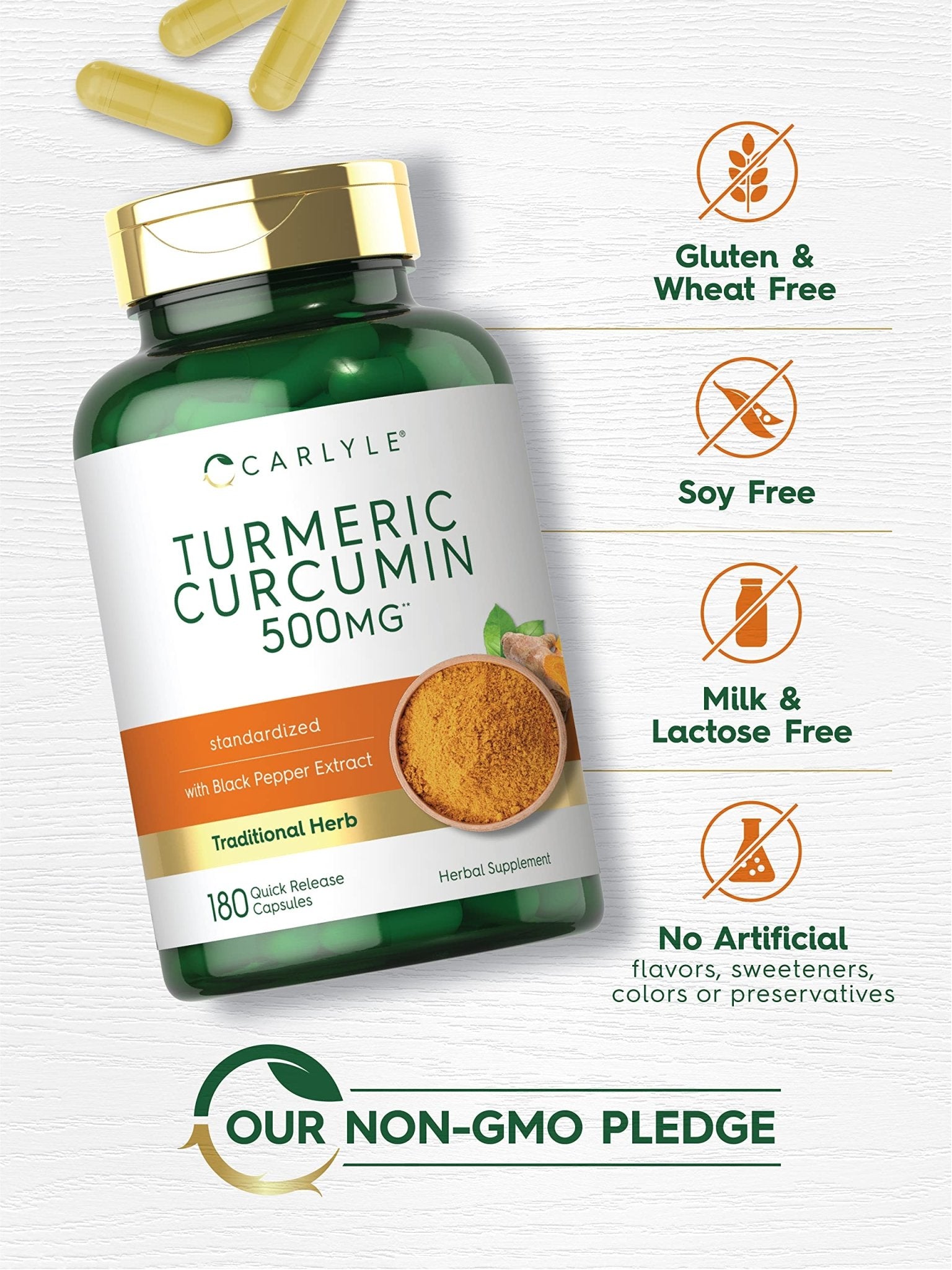 Carlyle Turmeric Curcumin Supplement | 180 Capsules | with Black Pepper Extract | Non-GMO & Gluten Free - Maple Wellness Supplements