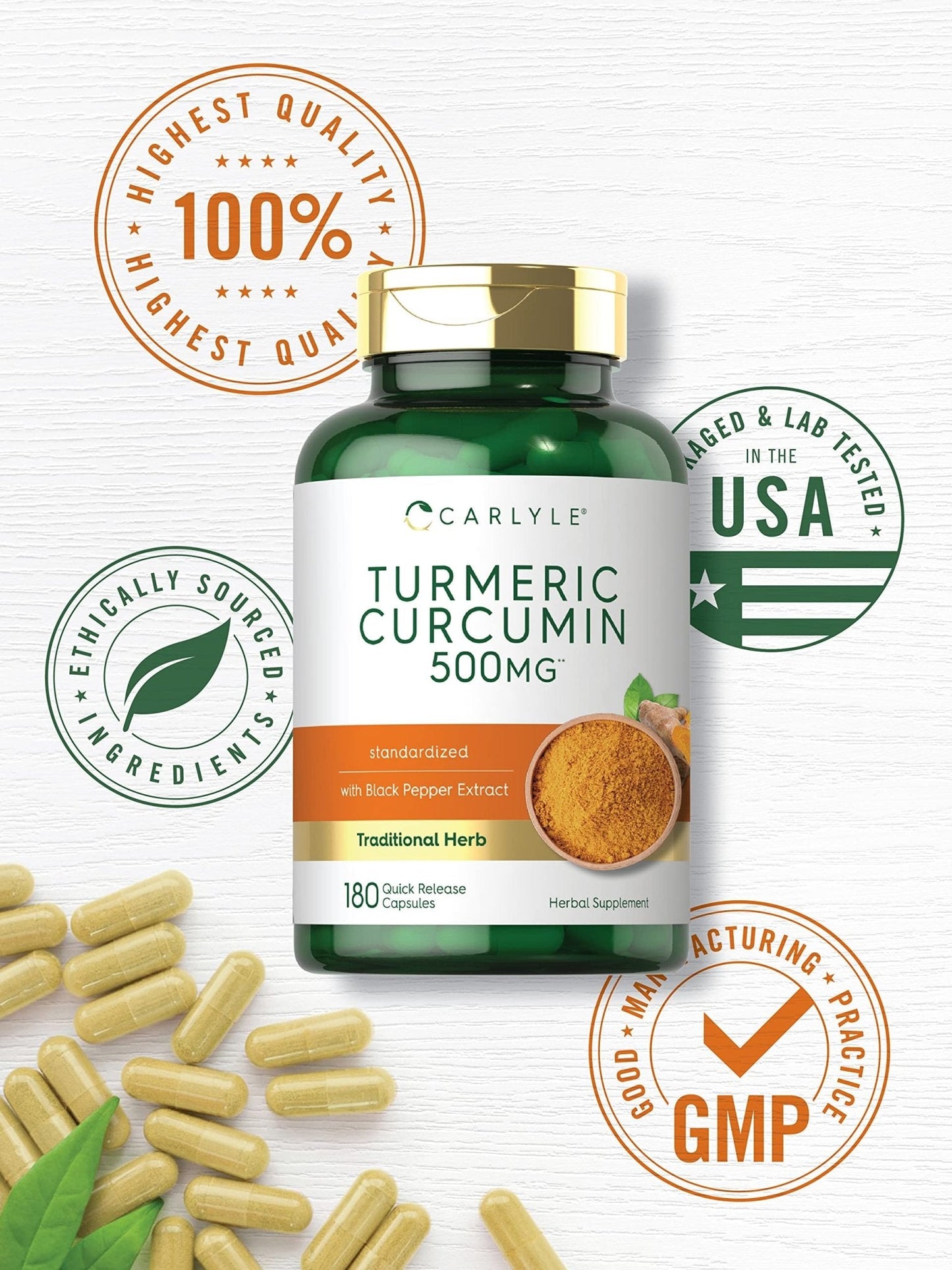 Carlyle Turmeric Curcumin Supplement | 180 Capsules | with Black Pepper Extract | Non-GMO & Gluten Free - Maple Wellness Supplements