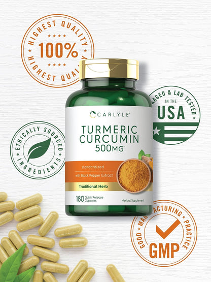 Carlyle Turmeric Curcumin Supplement | 180 Capsules | with Black Pepper Extract | Non-GMO & Gluten Free - Maple Wellness Supplements