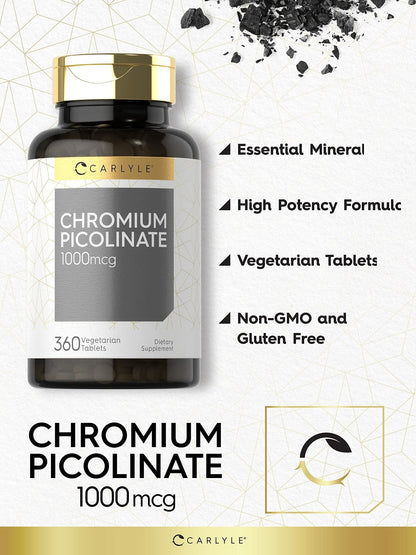 Carlyle Ultra Chromium Picolinate 1000mcg | 360 Tablets | Vegetarian, Non-GMO, Gluten Free - Maple Wellness Supplements