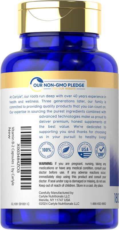 Carlyle Vitamin B-2 400mg | 180 Count | Non-GMO, Gluten Free Supplement | B2 Riboflavin - Maple Wellness Supplements