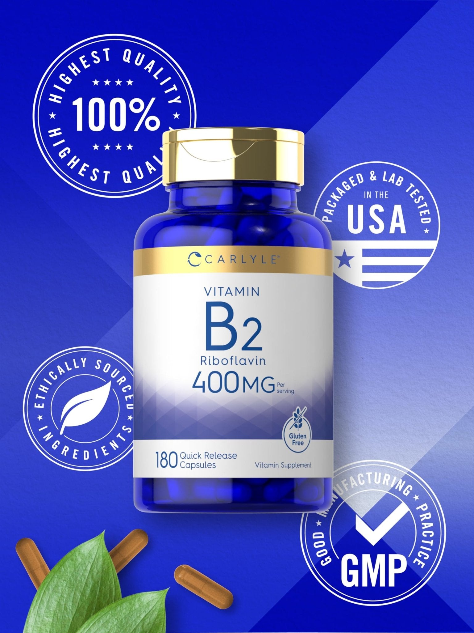 Carlyle Vitamin B-2 400mg | 180 Count | Non-GMO, Gluten Free Supplement | B2 Riboflavin - Maple Wellness Supplements