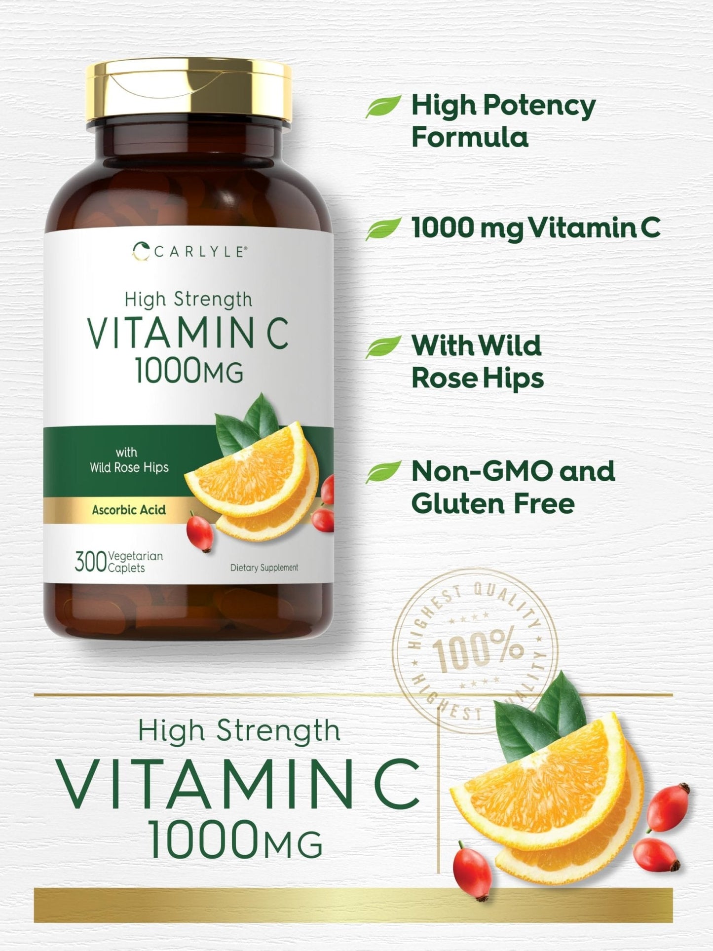 Carlyle Vitamin C 1000mg | 300 Vegetarian Caplets | Ascorbic Acid with Wild Rose Hips | High Strength Formula - Maple Wellness Supplements