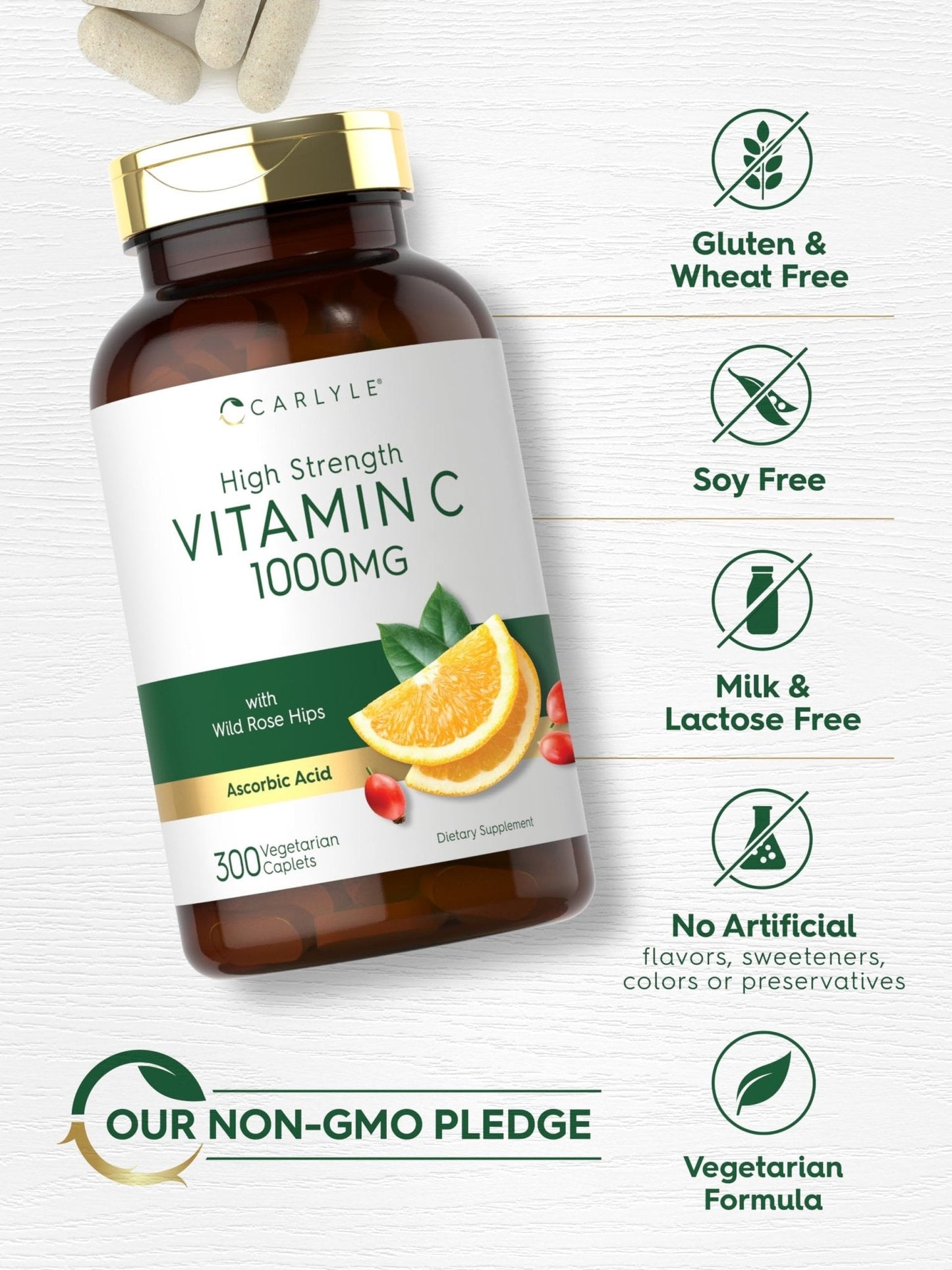 Carlyle Vitamin C 1000mg | 300 Vegetarian Caplets | Ascorbic Acid with Wild Rose Hips | High Strength Formula - Maple Wellness Supplements