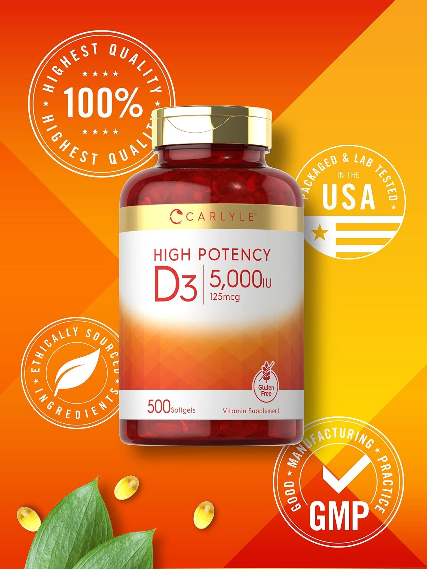 Carlyle Vitamin D3 5000 IU Softgels | 500 Count | Value Size | Non-GMO and Gluten Free Supplement | High Potency Formula | 125mcg - Maple Wellness Supplements