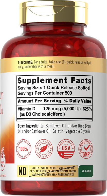 Carlyle Vitamin D3 5000 IU Softgels | 500 Count | Value Size | Non-GMO and Gluten Free Supplement | High Potency Formula | 125mcg - Maple Wellness Supplements