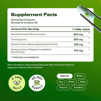 Cata-Kor NMN Supplement – 1000mg Per Serving NAD Resveratrol Supplement with Quercetin | TMG – NMNH Alternative – Supports Cellular Energy & NAD+ Level – 60 Capsules - Maple Wellness Supplements