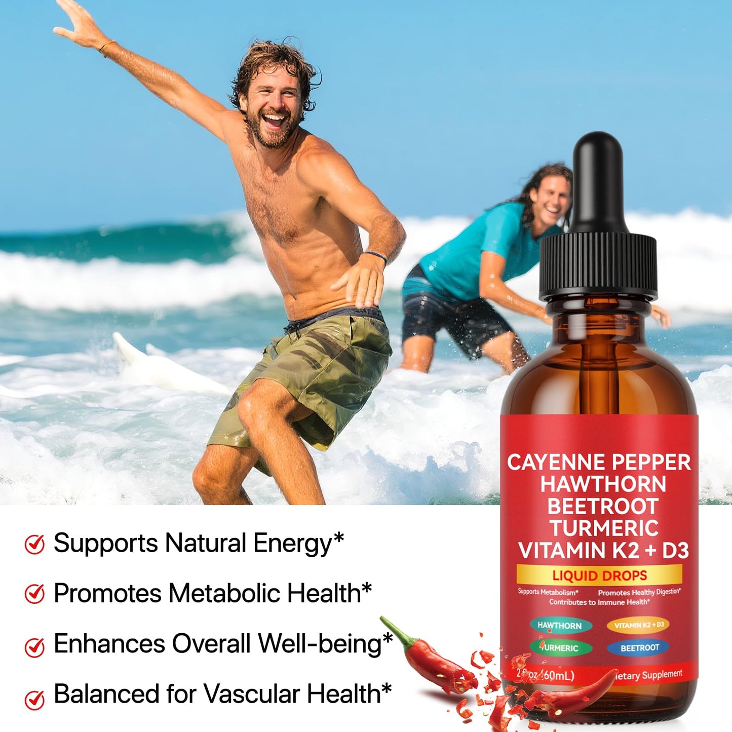 Cayenne Pepper Drops, Cayenne Pepper Extract with Herbal Blend - Includes Hawthorn, Beet Root & Turmeric (1Pack) - Maple Wellness Supplements