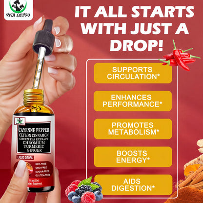 Cayenne Pepper Drops, High Absorption 6-in-1 Liquid Cayenne Pepper Supplement w/Ceylon Cinnamon, Green Tea Extract, Turmeric, Organic Liquid Drops Than Cayenne Capsules Powder - Maple Wellness Supplements