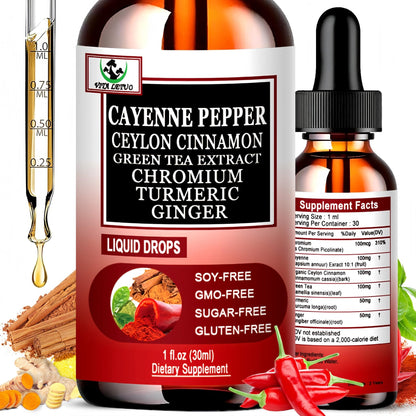 Cayenne Pepper Drops, High Absorption 6-in-1 Liquid Cayenne Pepper Supplement w/Ceylon Cinnamon, Green Tea Extract, Turmeric, Organic Liquid Drops Than Cayenne Capsules Powder - Maple Wellness Supplements