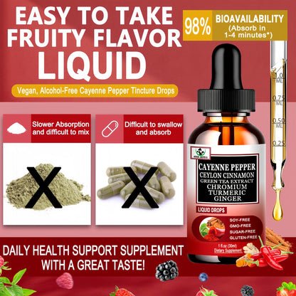 Cayenne Pepper Drops, High Absorption 6-in-1 Liquid Cayenne Pepper Supplement w/Ceylon Cinnamon, Green Tea Extract, Turmeric, Organic Liquid Drops Than Cayenne Capsules Powder - Maple Wellness Supplements