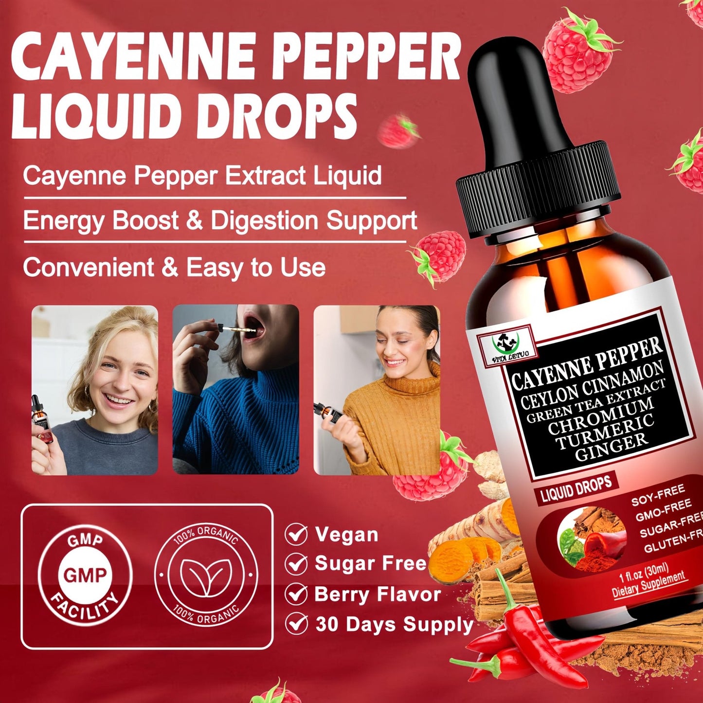 Cayenne Pepper Drops, High Absorption 6-in-1 Liquid Cayenne Pepper Supplement w/Ceylon Cinnamon, Green Tea Extract, Turmeric, Organic Liquid Drops Than Cayenne Capsules Powder - Maple Wellness Supplements