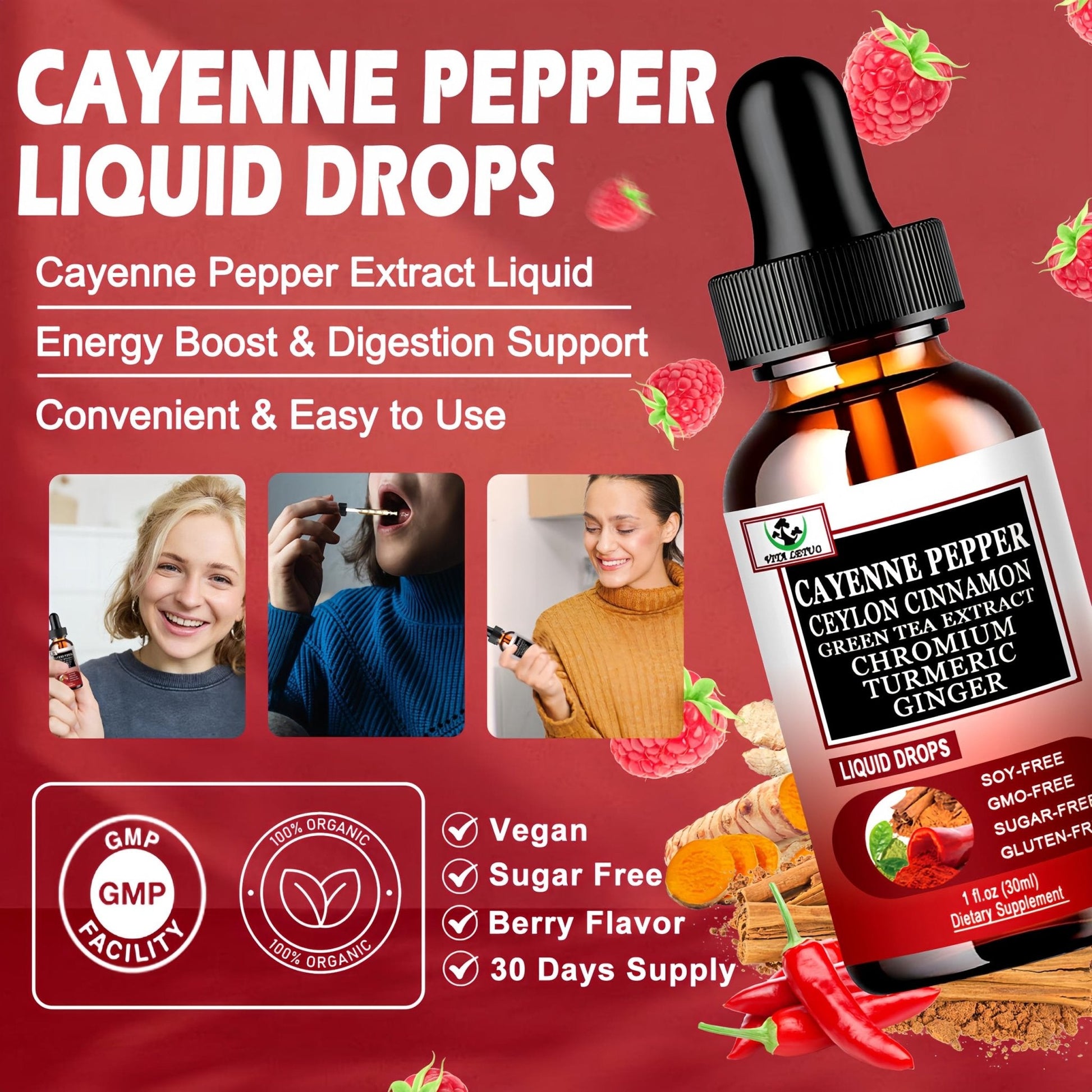 Cayenne Pepper Drops, High Absorption 6-in-1 Liquid Cayenne Pepper Supplement w/Ceylon Cinnamon, Green Tea Extract, Turmeric, Organic Liquid Drops Than Cayenne Capsules Powder - Maple Wellness Supplements