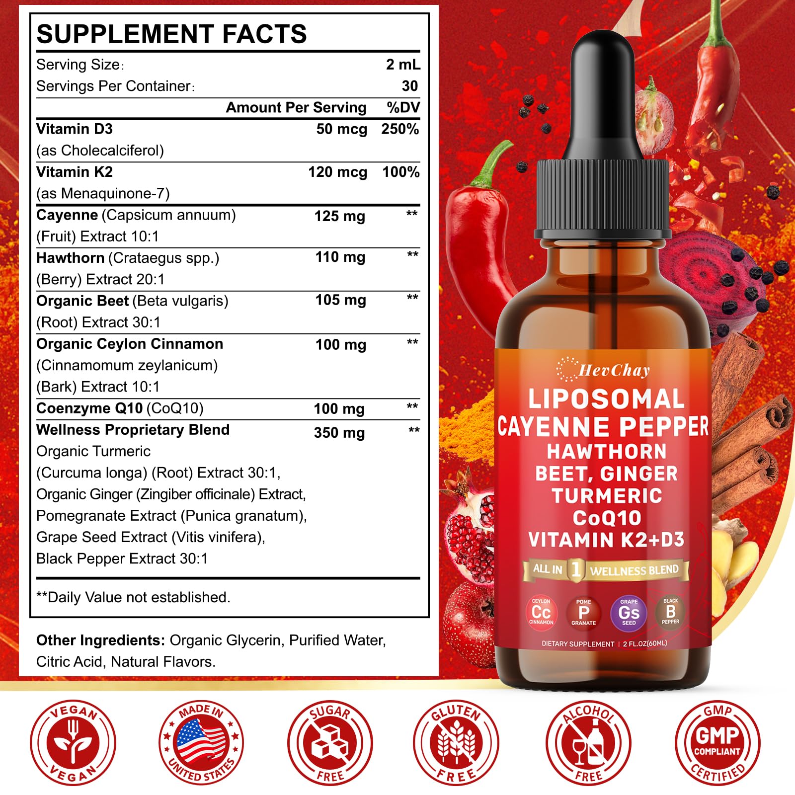 Cayenne Pepper Drops Liposomal Supplement Liquid + Hawthorn Berry, Vitamin D3 K2 Beet Root Powder, Ceylon Cinnamon, CoQ10, Turmeric Curcumin, Cayenne Pepper Extract - 2oz - Maple Wellness Supplements