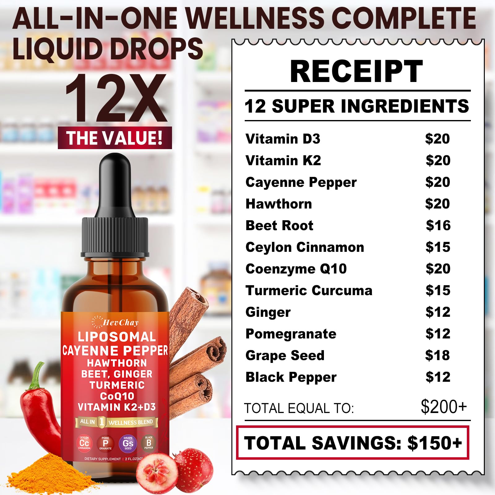 Cayenne Pepper Drops Liposomal Supplement Liquid + Hawthorn Berry, Vitamin D3 K2 Beet Root Powder, Ceylon Cinnamon, CoQ10, Turmeric Curcumin, Cayenne Pepper Extract - 2oz - Maple Wellness Supplements