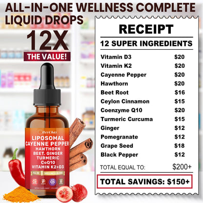 Cayenne Pepper Drops Liposomal Supplement Liquid + Hawthorn Berry, Vitamin D3 K2 Beet Root Powder, Ceylon Cinnamon, CoQ10, Turmeric Curcumin, Cayenne Pepper Extract - 2oz - Maple Wellness Supplements