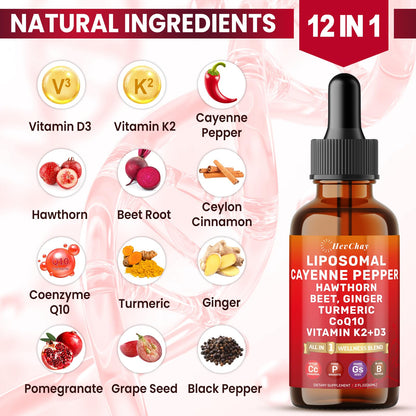 Cayenne Pepper Drops Liposomal Supplement Liquid + Hawthorn Berry, Vitamin D3 K2 Beet Root Powder, Ceylon Cinnamon, CoQ10, Turmeric Curcumin, Cayenne Pepper Extract - 2oz - Maple Wellness Supplements