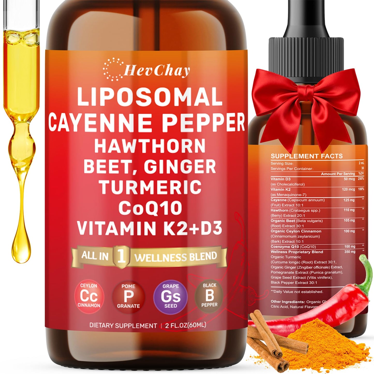Cayenne Pepper Drops Liposomal Supplement Liquid + Hawthorn Berry, Vitamin D3 K2 Beet Root Powder, Ceylon Cinnamon, CoQ10, Turmeric Curcumin, Cayenne Pepper Extract - 2oz - Maple Wellness Supplements