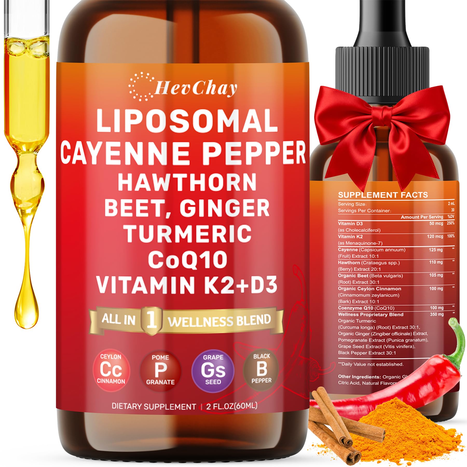 Cayenne Pepper Drops Liposomal Supplement Liquid + Hawthorn Berry, Vitamin D3 K2 Beet Root Powder, Ceylon Cinnamon, CoQ10, Turmeric Curcumin, Cayenne Pepper Extract - 2oz - Maple Wellness Supplements