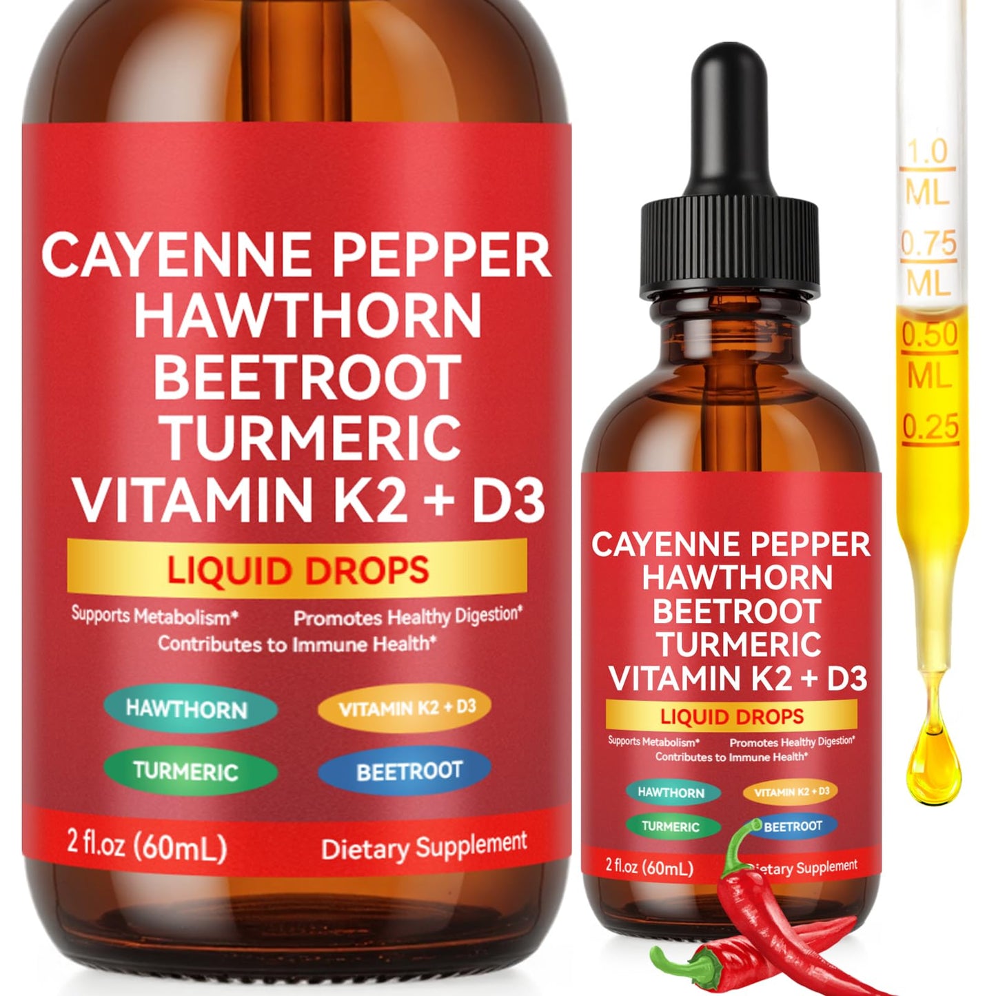 Cayenne Pepper Drops, Liquid Cayenne Pepper Organic, Cayenne Health Supplements, Cayenne Pepper Hawthorn Beet Root Turmeric Curcumin, Vitamin K2 & D3, Vegan-Friendly- 2 Fl Oz - Maple Wellness Supplements