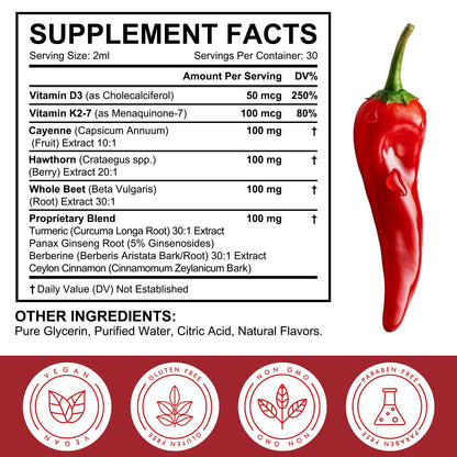 Cayenne Pepper Drops, Liquid Cayenne Pepper Organic, Cayenne Health Supplements, Cayenne Pepper Hawthorn Beet Root Turmeric Curcumin, Vitamin K2 & D3, Vegan-Friendly- 2 Fl Oz - Maple Wellness Supplements