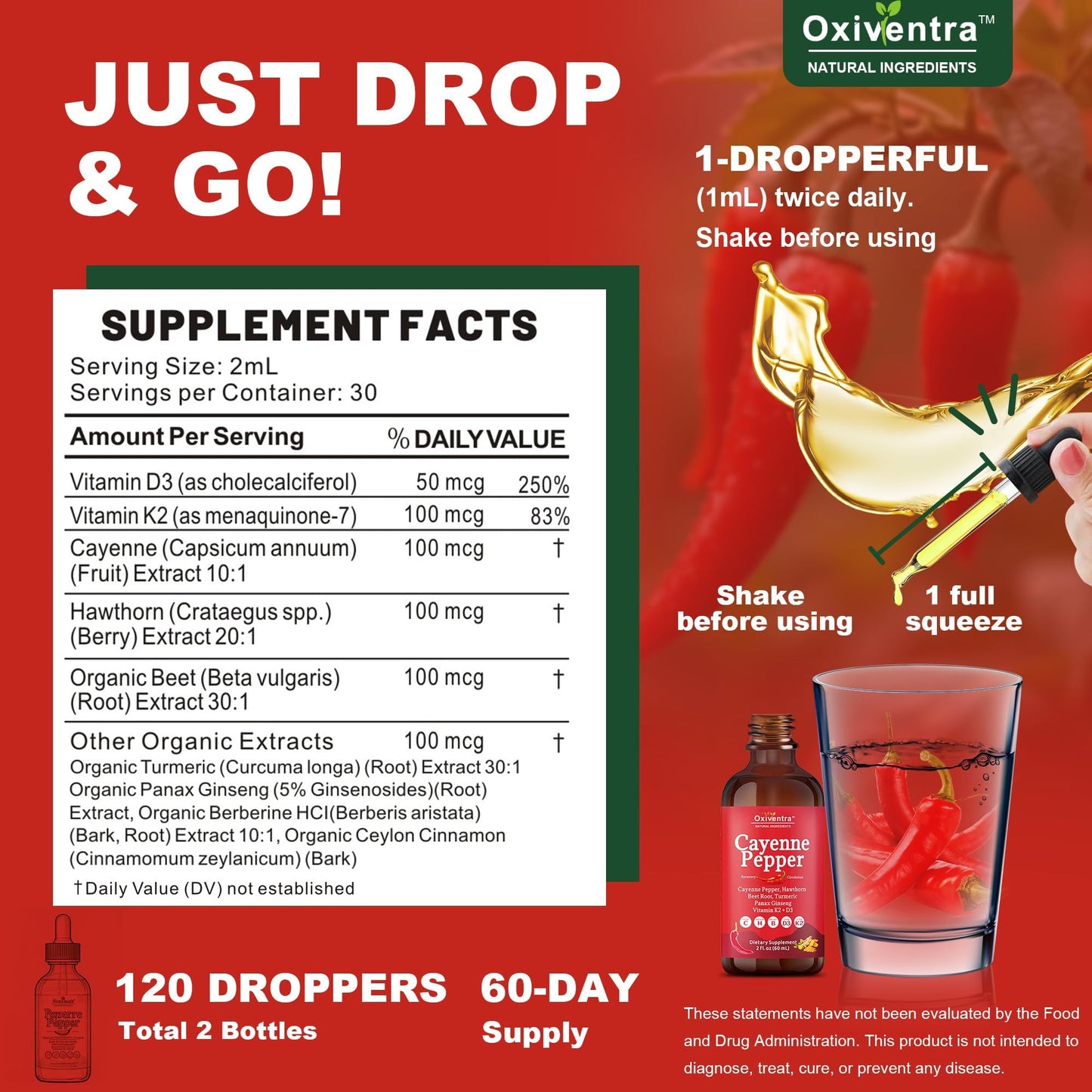 Cayenne Pepper Drops Liquid Supplement Smooth & Sweet Herbal Liquid + Hawthorn Berry, Vitamin D3 K2 Beet Root Powder, Ceylon Cinnamon, Turmeric Curcumin, Organic Panax Ginseng - 2fl oz - Maple Wellness Supplements