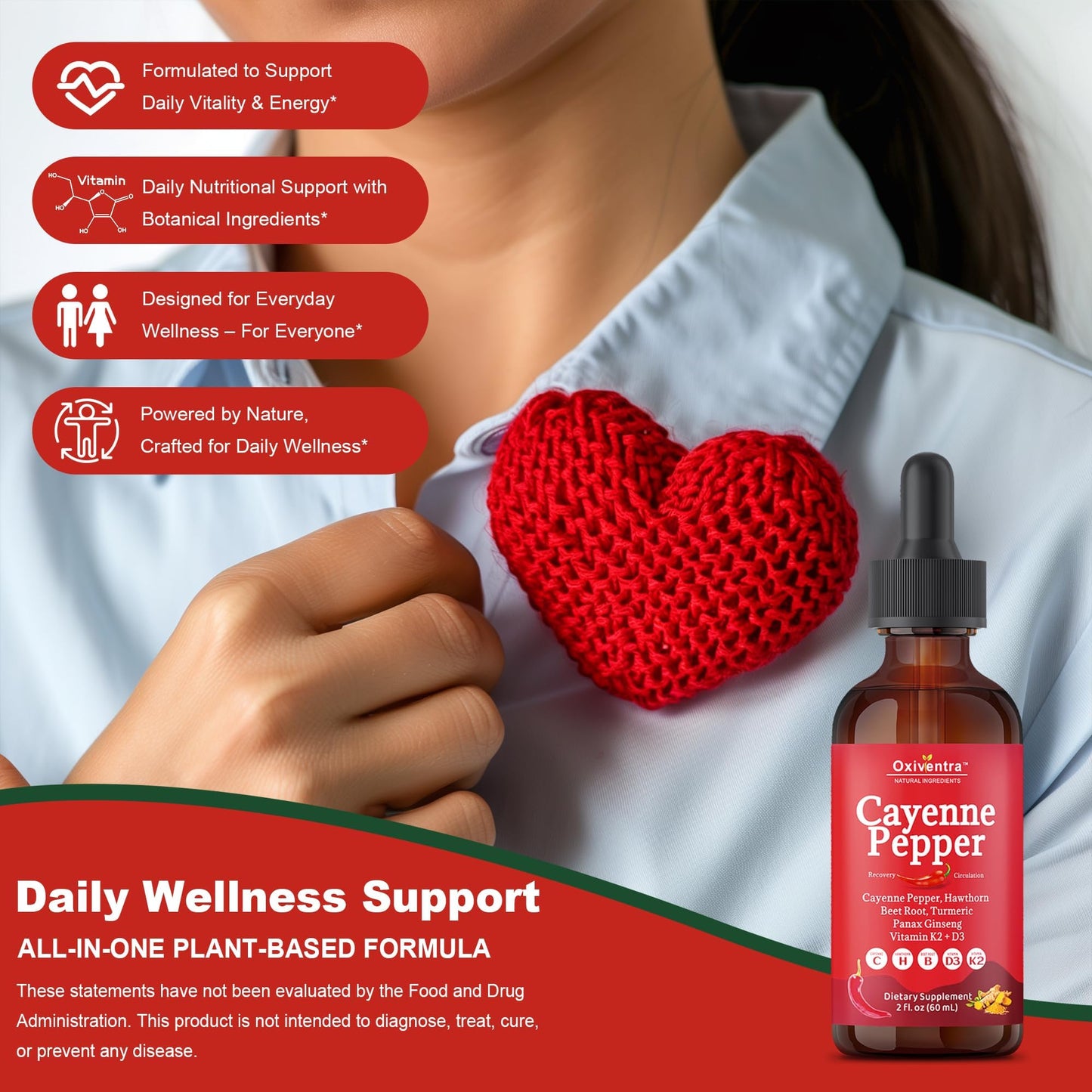 Cayenne Pepper Drops Liquid Supplement Smooth & Sweet Herbal Liquid + Hawthorn Berry, Vitamin D3 K2 Beet Root Powder, Ceylon Cinnamon, Turmeric Curcumin, Organic Panax Ginseng - 2fl oz - Maple Wellness Supplements