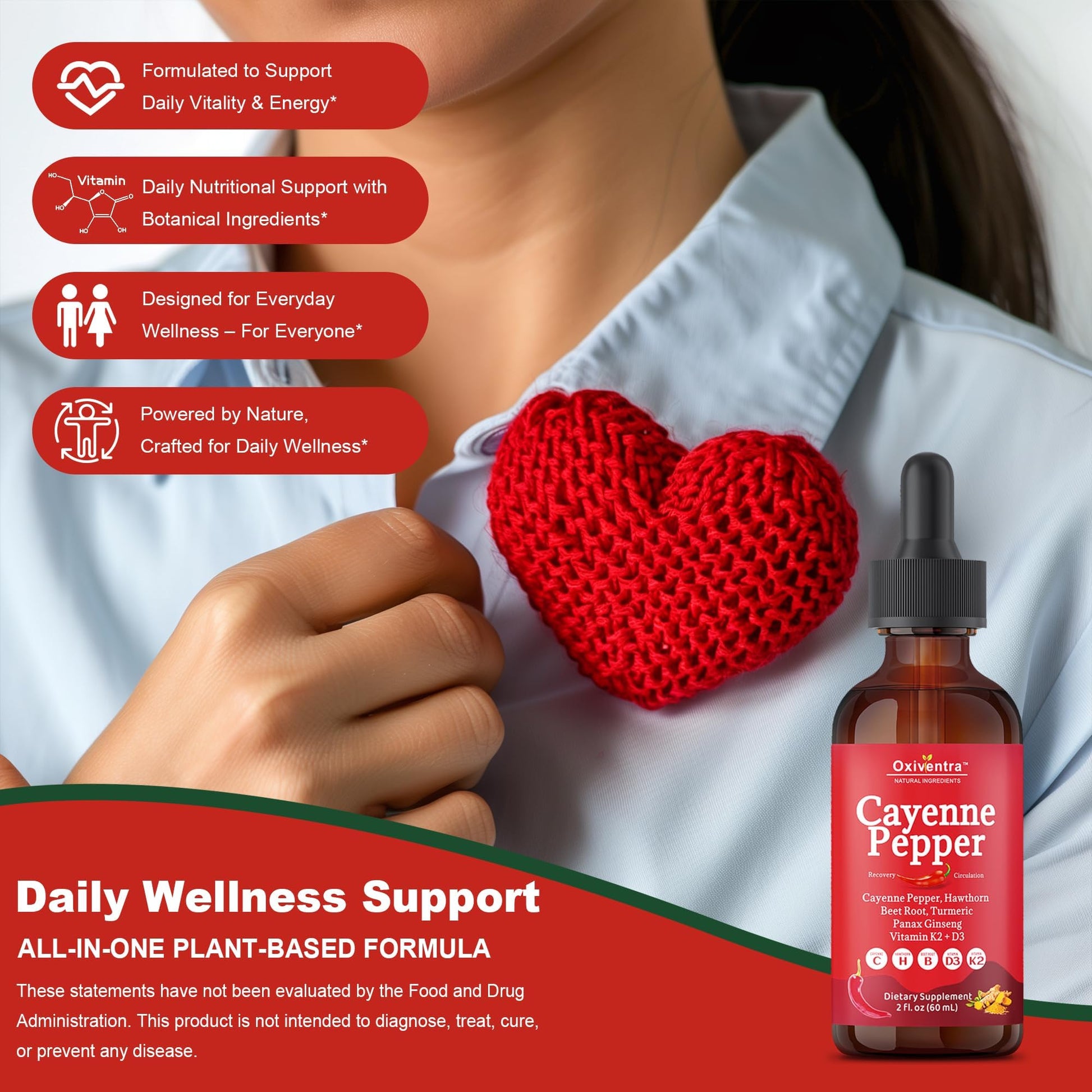 Cayenne Pepper Drops Liquid Supplement Smooth & Sweet Herbal Liquid + Hawthorn Berry, Vitamin D3 K2 Beet Root Powder, Ceylon Cinnamon, Turmeric Curcumin, Organic Panax Ginseng - 2fl oz - Maple Wellness Supplements