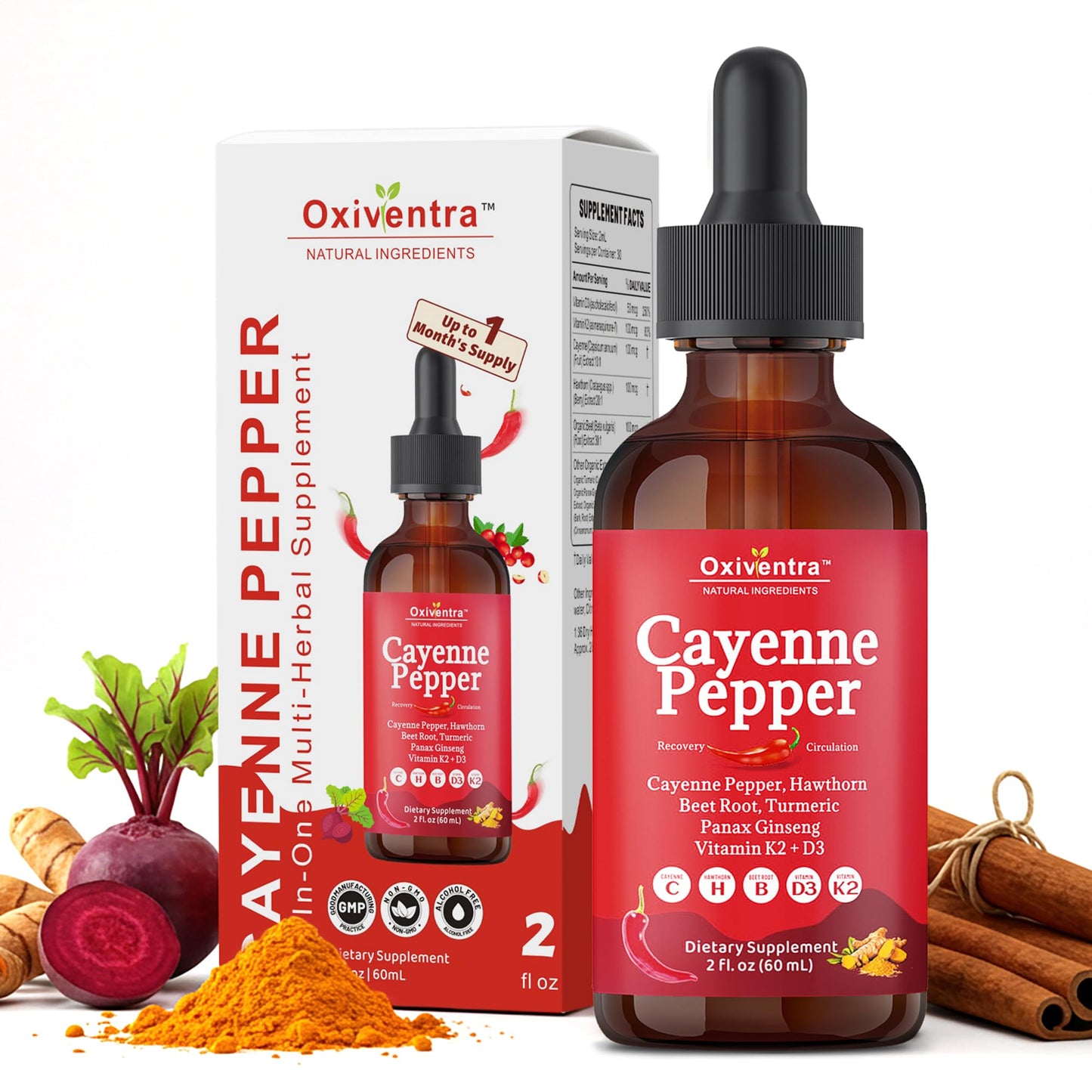 Cayenne Pepper Drops Liquid Supplement Smooth & Sweet Herbal Liquid + Hawthorn Berry, Vitamin D3 K2 Beet Root Powder, Ceylon Cinnamon, Turmeric Curcumin, Organic Panax Ginseng - 2fl oz - Maple Wellness Supplements