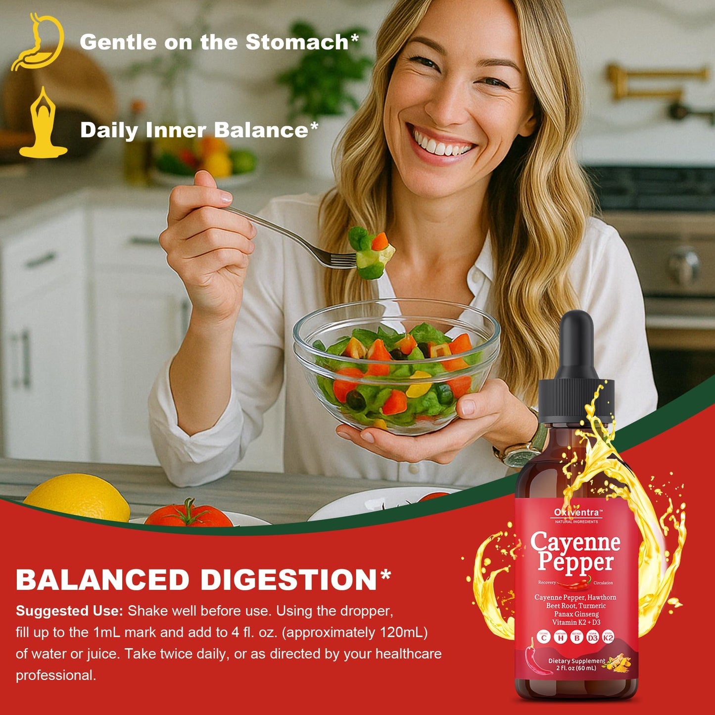 Cayenne Pepper Drops Liquid Supplement Smooth & Sweet Herbal Liquid + Hawthorn Berry, Vitamin D3 K2 Beet Root Powder, Ceylon Cinnamon, Turmeric Curcumin, Organic Panax Ginseng - 2fl oz - Maple Wellness Supplements