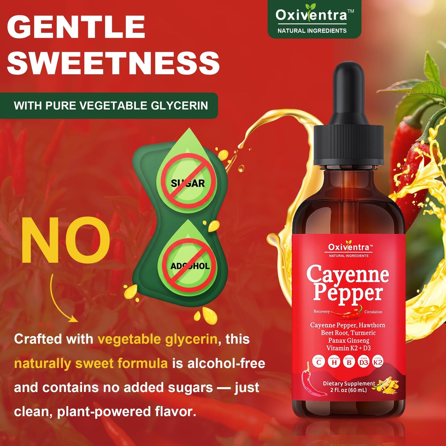Cayenne Pepper Drops Liquid Supplement Smooth & Sweet Herbal Liquid + Hawthorn Berry, Vitamin D3 K2 Beet Root Powder, Ceylon Cinnamon, Turmeric Curcumin, Organic Panax Ginseng - 2fl oz - Maple Wellness Supplements
