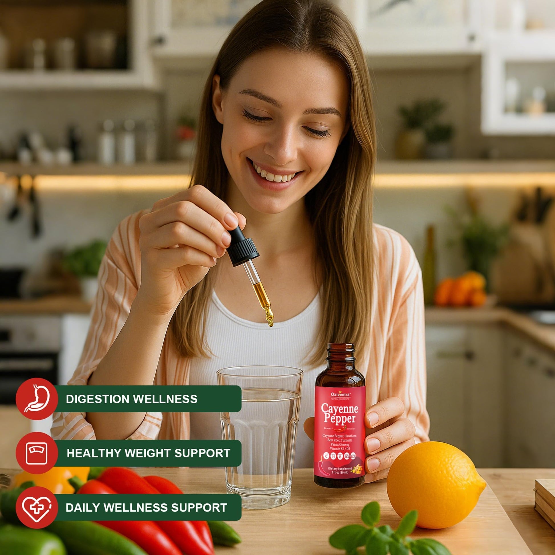 Cayenne Pepper Drops Liquid Supplement Smooth & Sweet Herbal Liquid + Hawthorn Berry, Vitamin D3 K2 Beet Root Powder, Ceylon Cinnamon, Turmeric Curcumin, Organic Panax Ginseng - 2fl oz - Maple Wellness Supplements