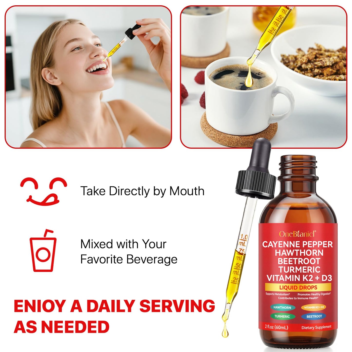 Cayenne Pepper Drops Supplement Liquid, Blend of Hawthorn Berry, Beetroot, Turmeric, VIT K2+D3, Daily Health Boost (2oz) - Maple Wellness Supplements