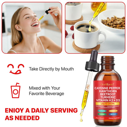 Cayenne Pepper Drops Supplement Liquid, Blend of Hawthorn Berry, Beetroot, Turmeric, VIT K2+D3, Daily Health Boost (2oz) - Maple Wellness Supplements
