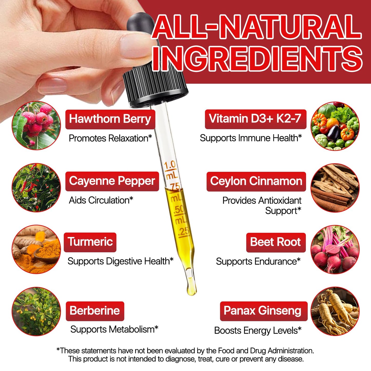 Cayenne Pepper Drops Supplement Liquid, Blend of Hawthorn Berry, Beetroot, Turmeric, VIT K2+D3, Daily Health Boost (2oz) - Maple Wellness Supplements