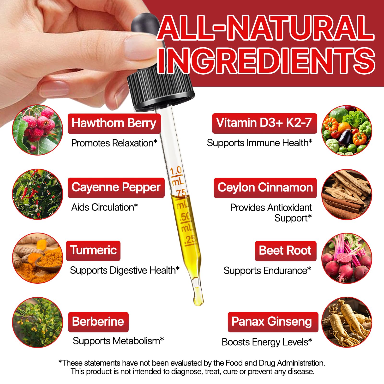Cayenne Pepper Drops Supplement Liquid, Blend of Hawthorn Berry, Beetroot, Turmeric, VIT K2+D3, Daily Health Boost (2oz) - Maple Wellness Supplements