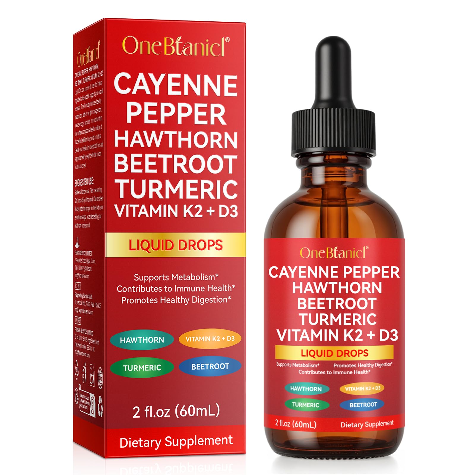Cayenne Pepper Drops Supplement Liquid, Blend of Hawthorn Berry, Beetroot, Turmeric, VIT K2+D3, Daily Health Boost (2oz) - Maple Wellness Supplements