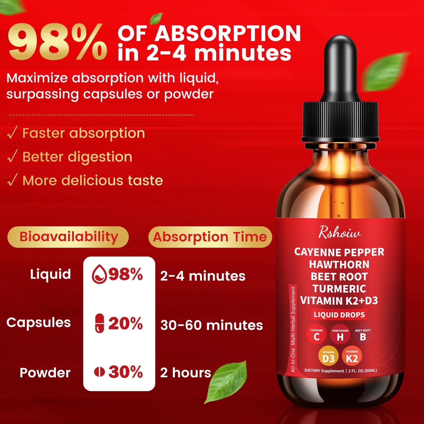 Cayenne Pepper Drops Supplement Liquid with Hawthorn Berry, Vitamin D3 K2, Turmeric Curcumin, Beet Root, Ceylon Cinnamon Vegan- Friendly - 60ml - Maple Wellness Supplements