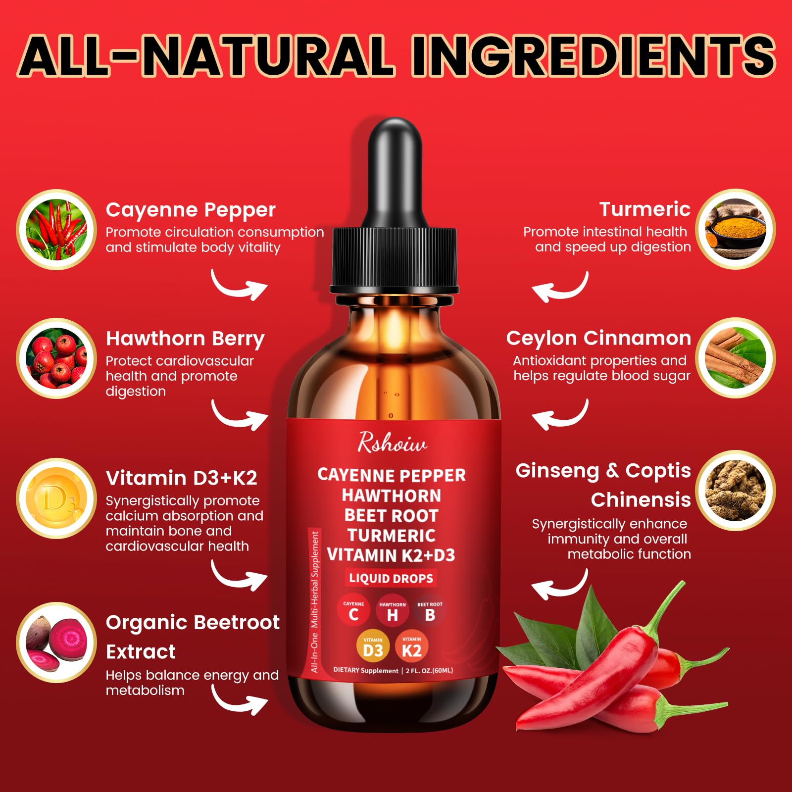 Cayenne Pepper Drops Supplement Liquid with Hawthorn Berry, Vitamin D3 K2, Turmeric Curcumin, Beet Root, Ceylon Cinnamon Vegan- Friendly - 60ml - Maple Wellness Supplements