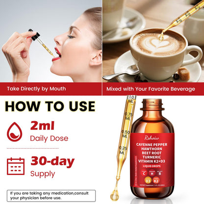 Cayenne Pepper Drops Supplement Liquid with Hawthorn Berry, Vitamin D3 K2, Turmeric Curcumin, Beet Root, Ceylon Cinnamon Vegan- Friendly - 60ml - Maple Wellness Supplements