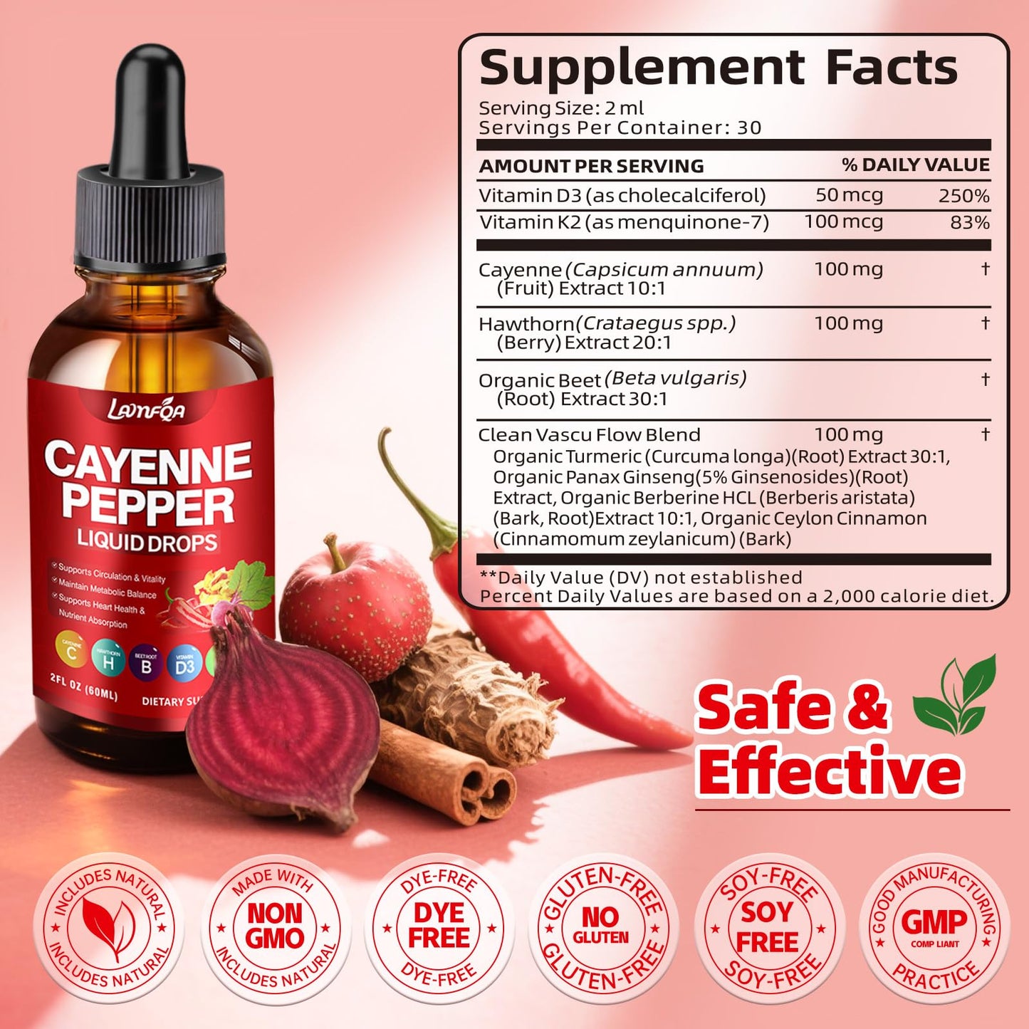Cayenne Pepper Liquid Drops - Potent Blend with Hawthorn Berry, Turmeric Curcumin, Vitamin D3 K2, Beet Root & Panax Ginseng - Vegan, Non-GMO, High Absorbed Gentle Formula - 2 OZ - Maple Wellness Supplements