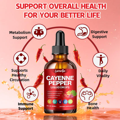 Cayenne Pepper Liquid Drops - Potent Blend with Hawthorn Berry, Turmeric Curcumin, Vitamin D3 K2, Beet Root & Panax Ginseng - Vegan, Non-GMO, High Absorbed Gentle Formula - 2 OZ - Maple Wellness Supplements