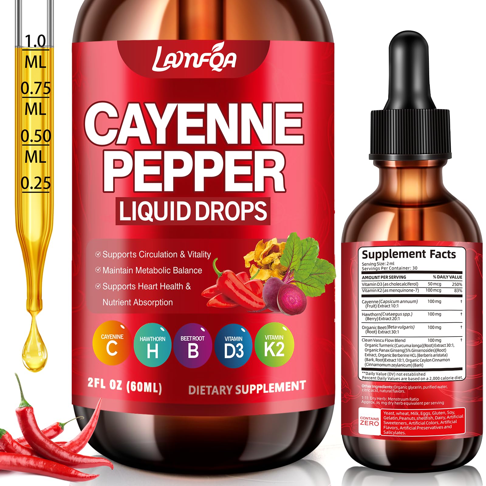 Cayenne Pepper Liquid Drops - Potent Blend with Hawthorn Berry, Turmeric Curcumin, Vitamin D3 K2, Beet Root & Panax Ginseng - Vegan, Non-GMO, High Absorbed Gentle Formula - 2 OZ - Maple Wellness Supplements