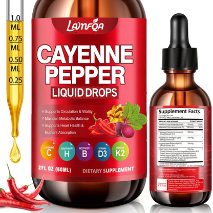Cayenne Pepper Liquid Drops - Potent Blend with Hawthorn Berry, Turmeric Curcumin, Vitamin D3 K2, Beet Root & Panax Ginseng - Vegan, Non-GMO, High Absorbed Gentle Formula - 2 OZ - Maple Wellness Supplements